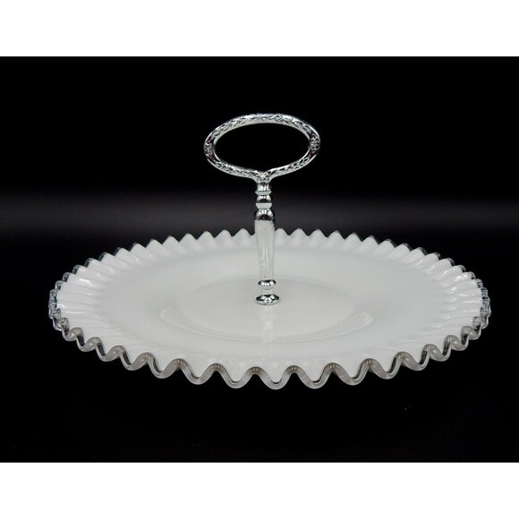 Fenton Silver Crest Milk Glass Tidbit Tray Platter Ruffle Crimped Edge 12 Inch - Picture 3 of 13
